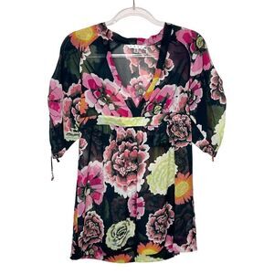 CAbi #400 Gemini Sheer Black Floral Tie Front Blouse Top Size XS